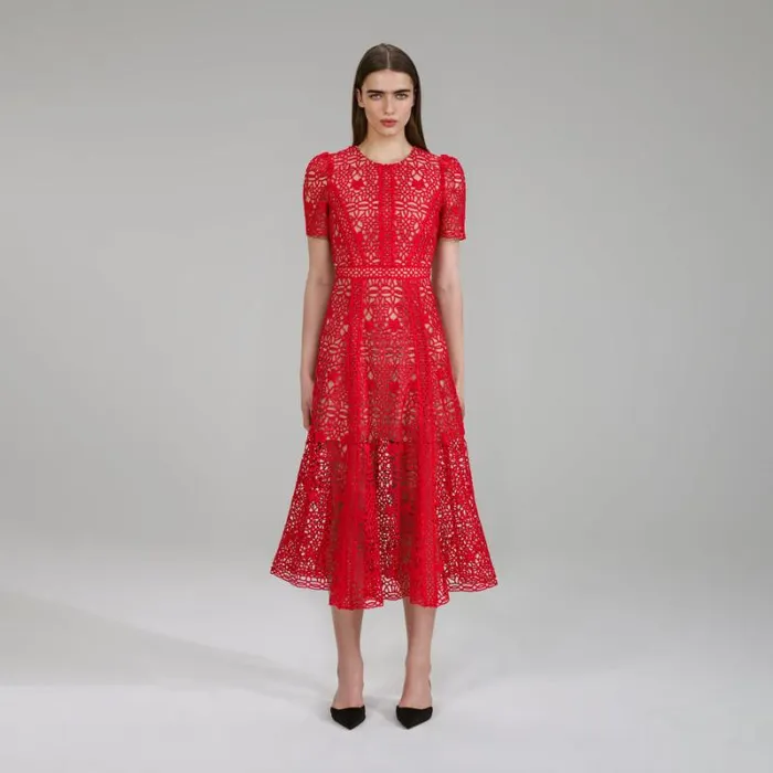 Dresses Woman SelfPortrait Red Guipure Lace Midi Dress