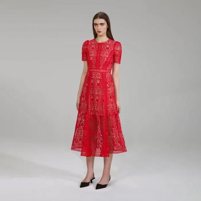 Dresses Woman SelfPortrait Red Guipure Lace Midi Dress Dresses Woman SelfPortrait Red Guipure Lace Midi Dress