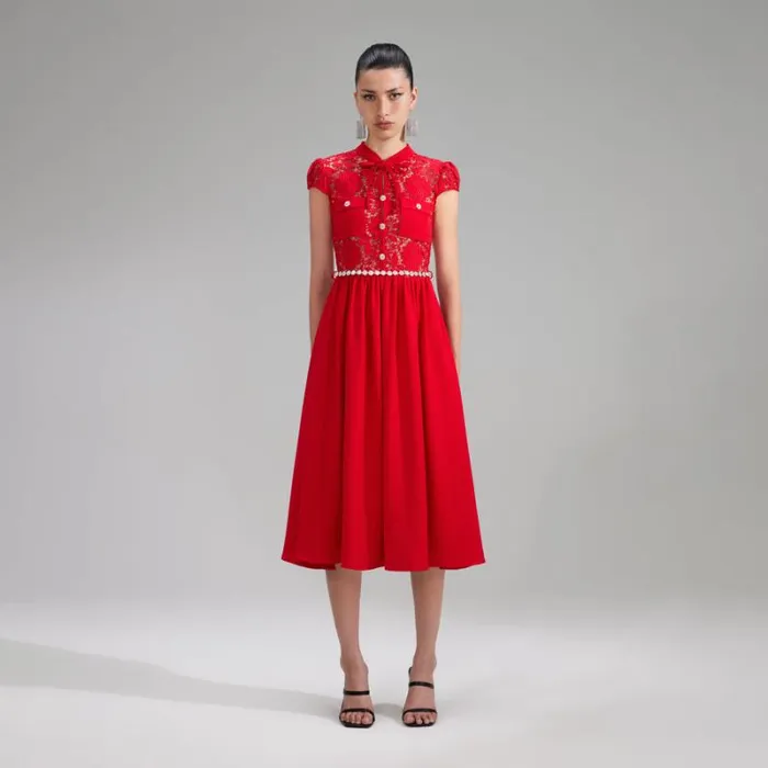 Dresses Woman SelfPortrait Red Lace Cotton Midi Dress