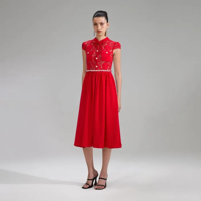 Dresses Woman SelfPortrait Red Lace Cotton Midi Dress Dresses Woman SelfPortrait Red Lace Cotton Midi Dress