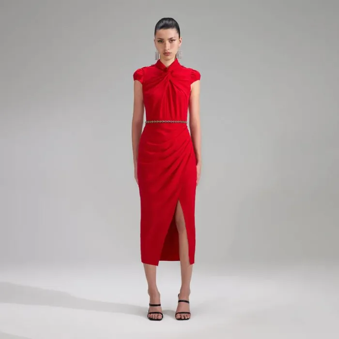 Dresses Woman SelfPortrait Red Stretch Crepe Ruched Midi Dress