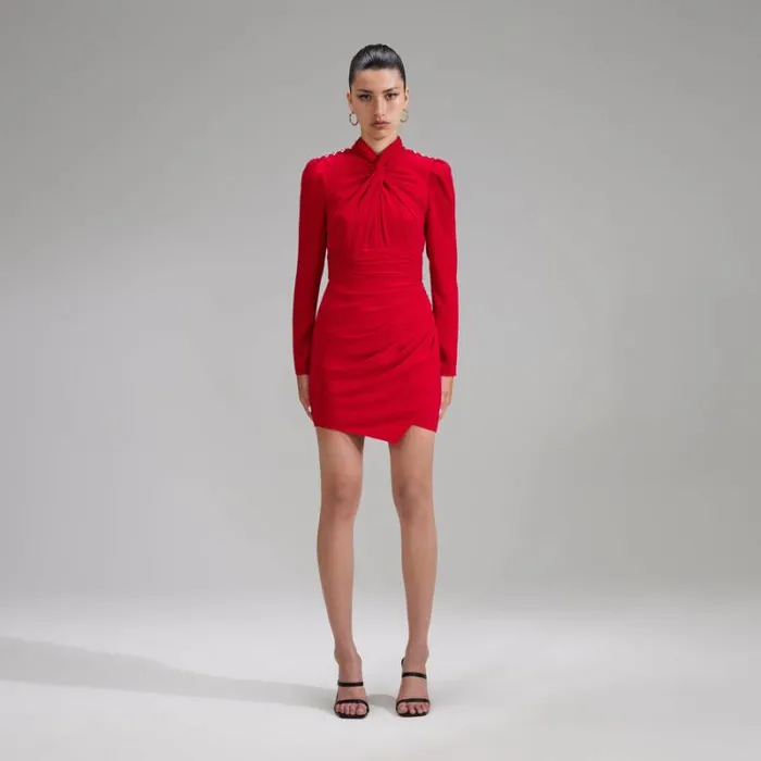 Dresses Woman SelfPortrait Red Stretch Crepe Twisted Collar Mini Dress