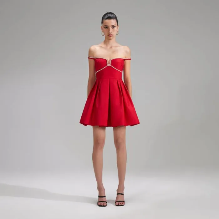 Dresses Woman SelfPortrait Red Textured Diamante Detail Mini Dress