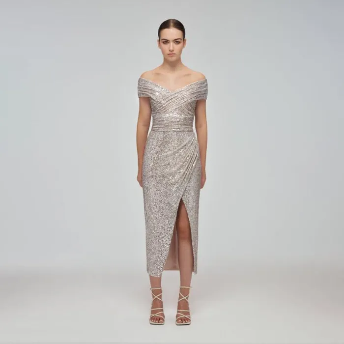 Dresses Woman SelfPortrait Sequin OffShoulder Wrap Midi Dress
