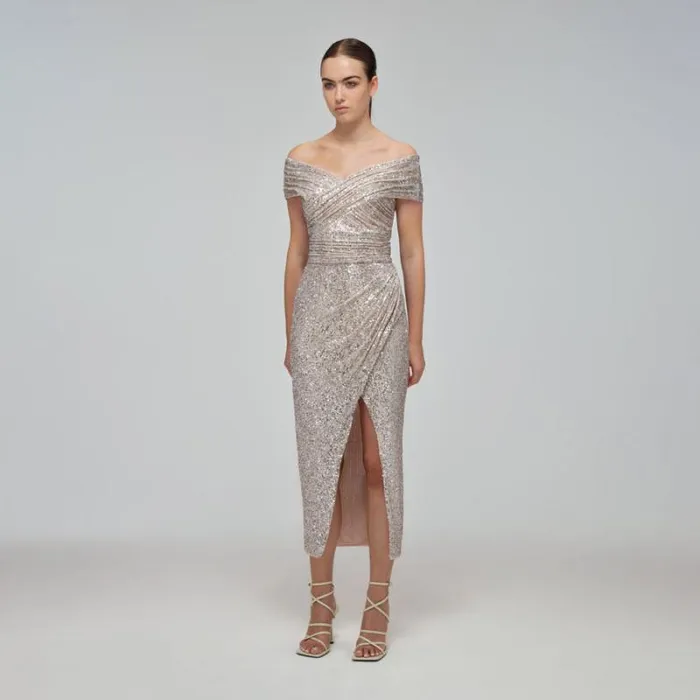 Dresses Woman SelfPortrait Sequin OffShoulder Wrap Midi Dress Dresses Woman SelfPortrait Sequin OffShoulder Wrap Midi Dress