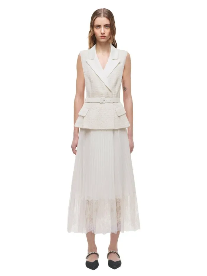 Dresses Woman SelfPortrait Sleeveless Tailored Boucle And Chiffon Midi Dress