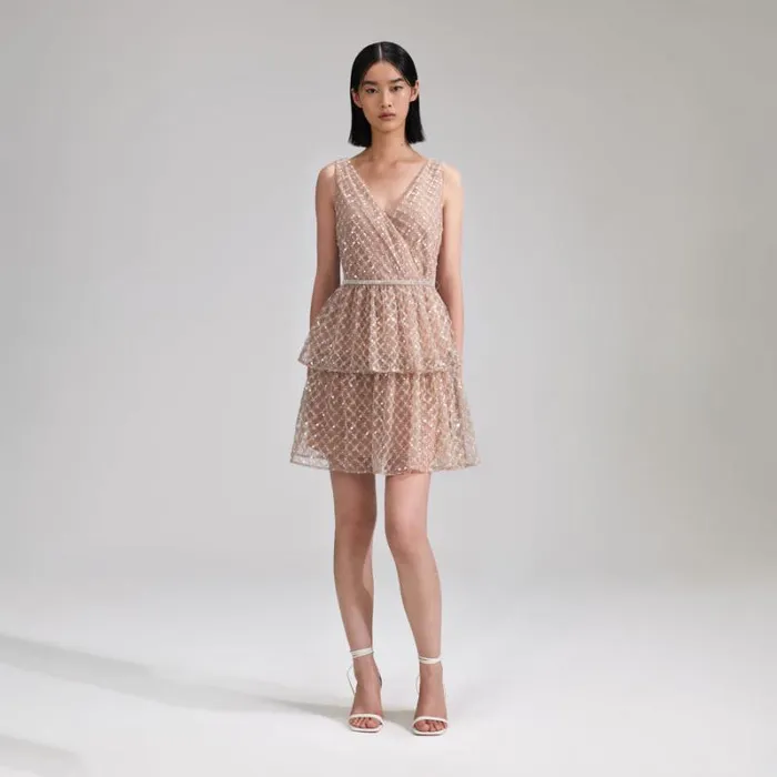 Dresses Woman SelfPortrait Tan Grid Sequin Tiered Mini Dress