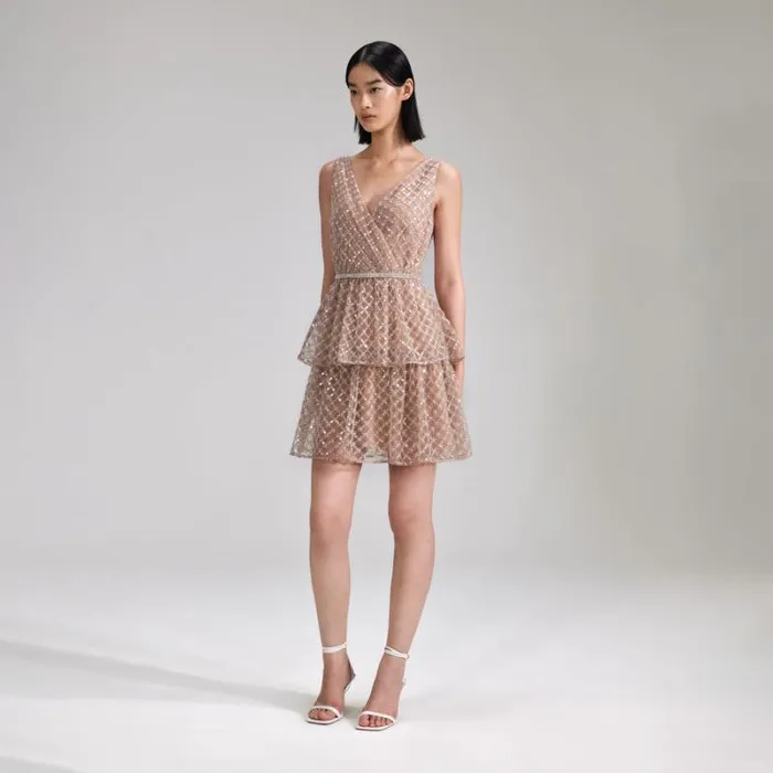 Dresses Woman SelfPortrait Tan Grid Sequin Tiered Mini Dress Dresses Woman SelfPortrait Tan Grid Sequin Tiered Mini Dress