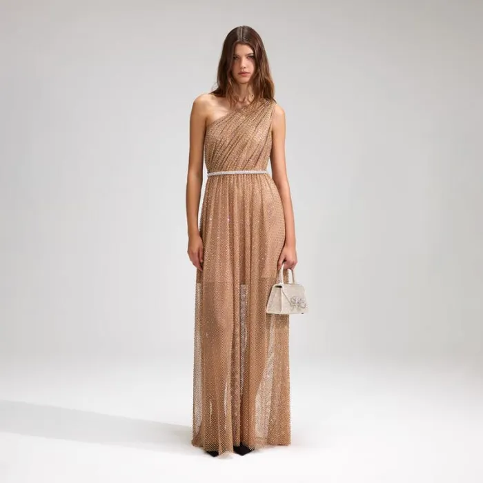 Dresses Woman SelfPortrait Tan Rhinestone Fishnet One Shoulder Maxi Dress
