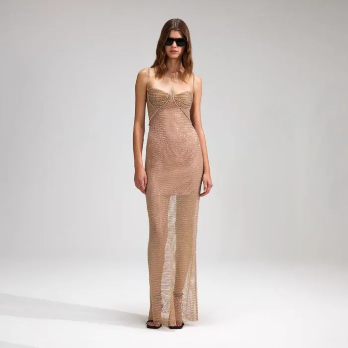 Dresses Woman SelfPortrait Tan Rhinestone Fishnet One Shoulder Maxi Dress Dresses Woman SelfPortrait Tan Rhinestone Fishnet One Shoulder Maxi Dress