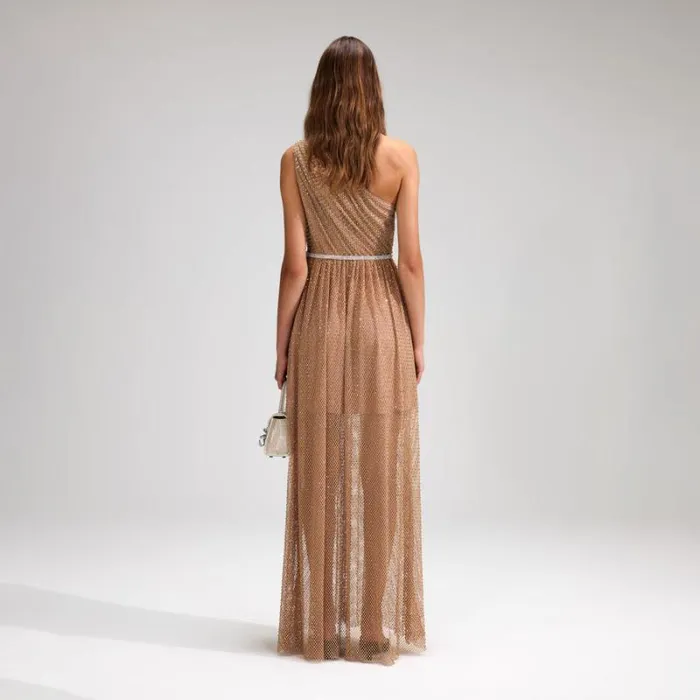 Dresses Woman SelfPortrait Tan Rhinestone Fishnet One Shoulder Maxi Dress Dresses Woman SelfPortrait Tan Rhinestone Fishnet One Shoulder Maxi Dress