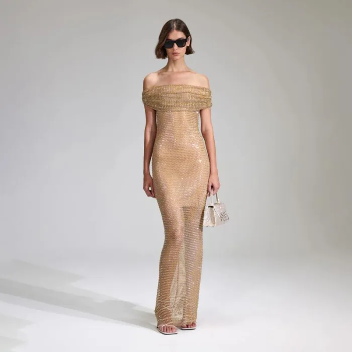 Dresses Woman SelfPortrait Tan Rhinestone Fishnet One Shoulder Maxi Dress Dresses Woman SelfPortrait Tan Rhinestone Fishnet One Shoulder Maxi Dress