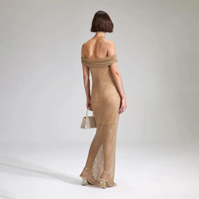 Dresses Woman SelfPortrait Tan Rhinestone Fishnet One Shoulder Maxi Dress Dresses Woman SelfPortrait Tan Rhinestone Fishnet One Shoulder Maxi Dress