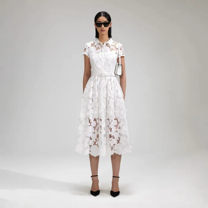 Dresses Woman SelfPortrait White 3D Cotton Lace Collar Midi Dress