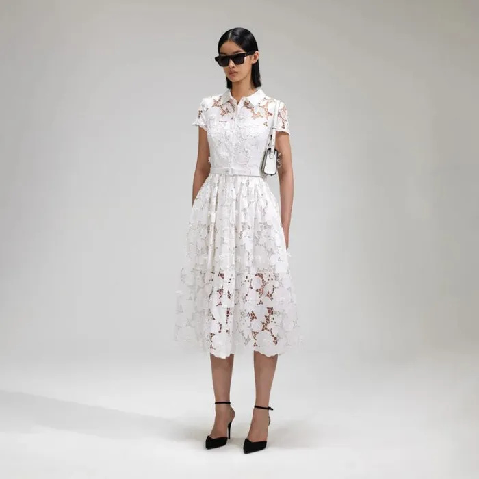 Dresses Woman SelfPortrait White 3D Cotton Lace Collar Midi Dress Dresses Woman SelfPortrait White 3D Cotton Lace Collar Midi Dress