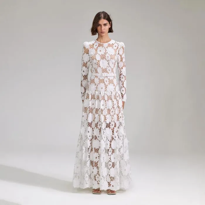 Dresses Woman SelfPortrait White 3D Cotton Lace Collar Midi Dress Dresses Woman SelfPortrait White 3D Cotton Lace Collar Midi Dress