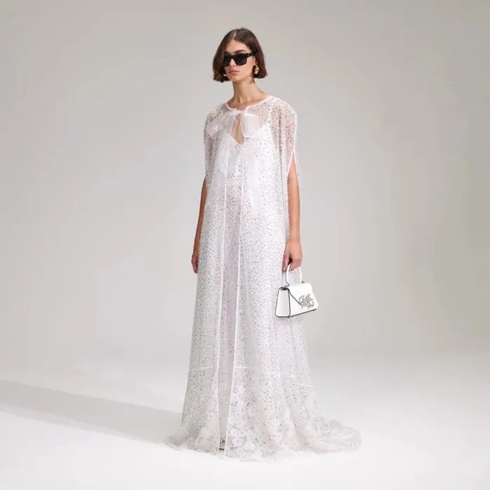 Dresses Woman SelfPortrait White Beaded Sequin Maxi Cape Dresses Woman SelfPortrait White Beaded Sequin Maxi Cape