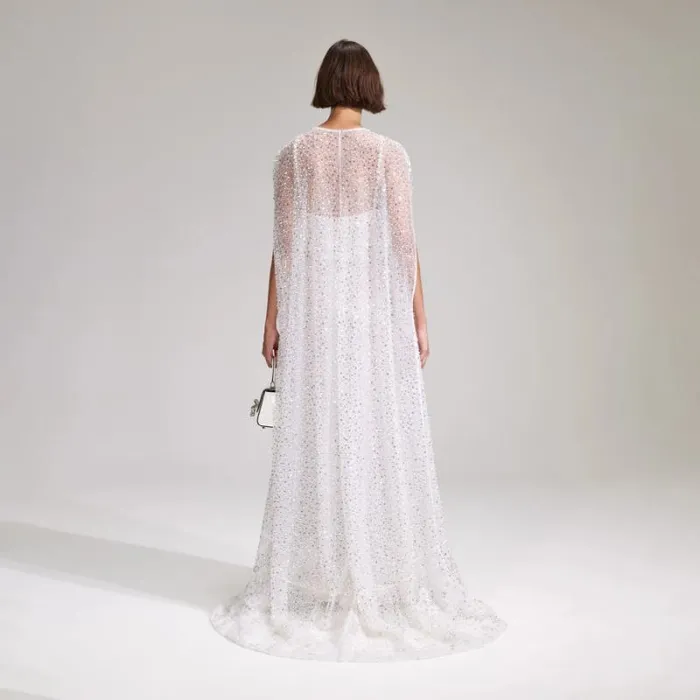 Dresses Woman SelfPortrait White Beaded Sequin Maxi Cape Dresses Woman SelfPortrait White Beaded Sequin Maxi Cape