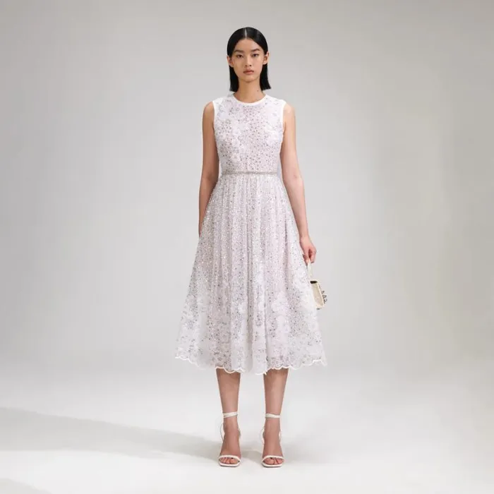 Dresses Woman SelfPortrait White Beaded Sequin Midi Dress