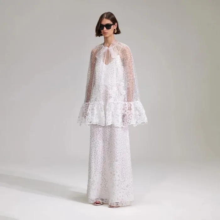 Dresses Woman SelfPortrait White Beaded Sequin Mini Cape Dresses Woman SelfPortrait White Beaded Sequin Mini Cape