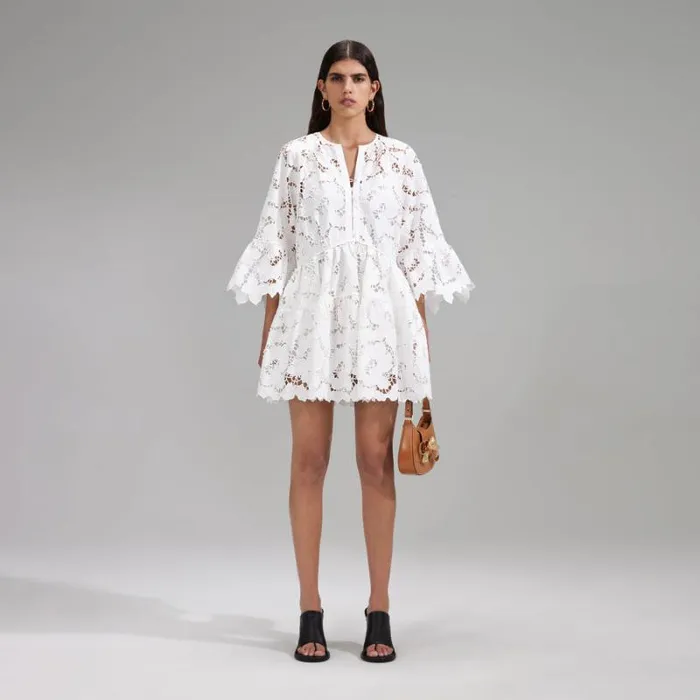Dresses Woman SelfPortrait White Cotton Lace Wide Sleeve Mini Dress