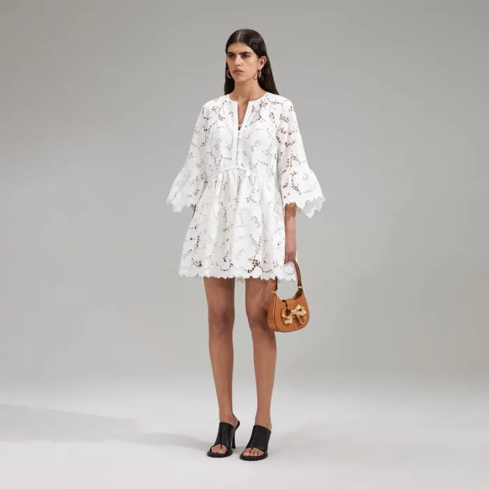 Dresses Woman SelfPortrait White Cotton Lace Wide Sleeve Mini Dress Dresses Woman SelfPortrait White Cotton Lace Wide Sleeve Mini Dress