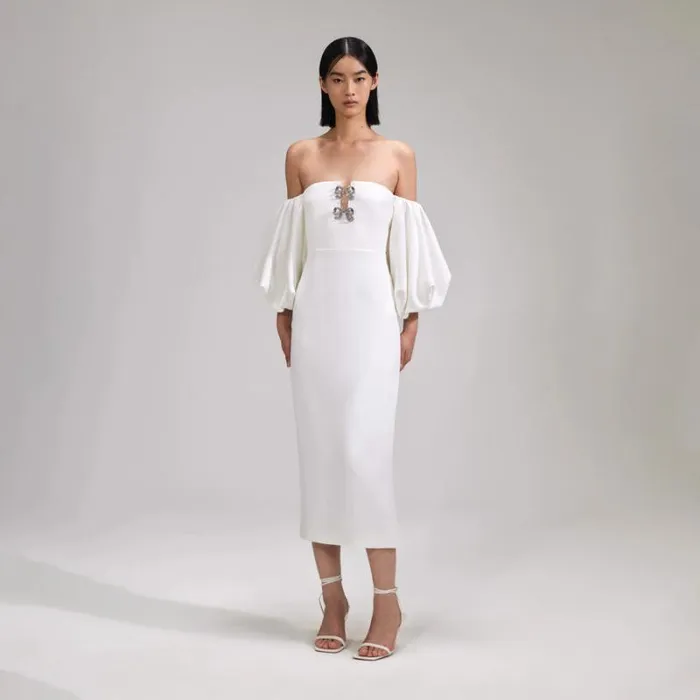 Dresses Woman SelfPortrait White Crepe Bow Midi Dress