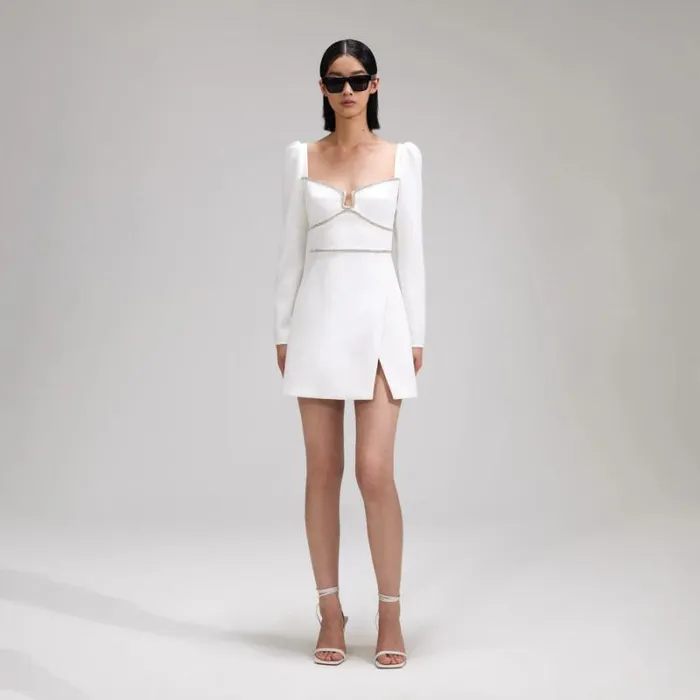 Dresses Woman SelfPortrait White Crepe Rhinestone Detail Mini Dress