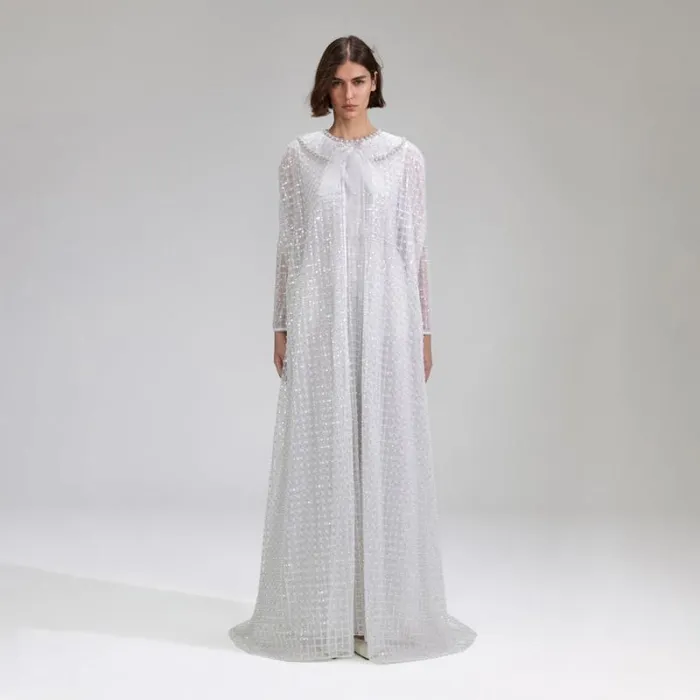 Dresses Woman SelfPortrait White Grid Sequin Maxi Cape