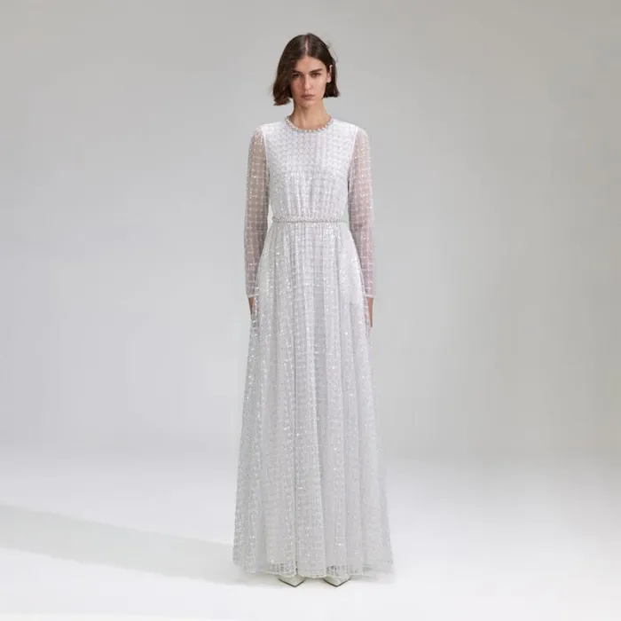 Dresses Woman SelfPortrait White Grid Sequin Maxi Dress