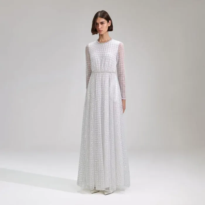 Dresses Woman SelfPortrait White Grid Sequin Maxi Dress Dresses Woman SelfPortrait White Grid Sequin Maxi Dress