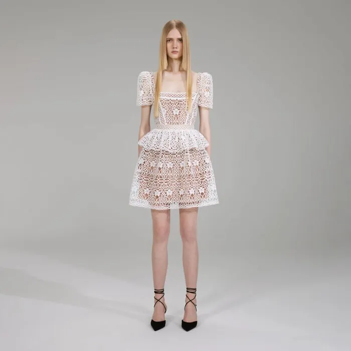 Dresses Woman SelfPortrait White Guipure Lace Tiered Mini Dress