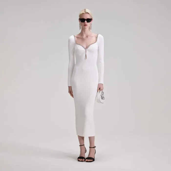 Dresses Woman SelfPortrait White Knit Diamante Midi Dress