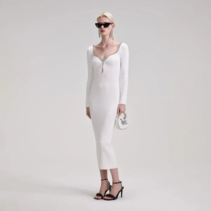 Dresses Woman SelfPortrait White Knit Diamante Midi Dress Dresses Woman SelfPortrait White Knit Diamante Midi Dress