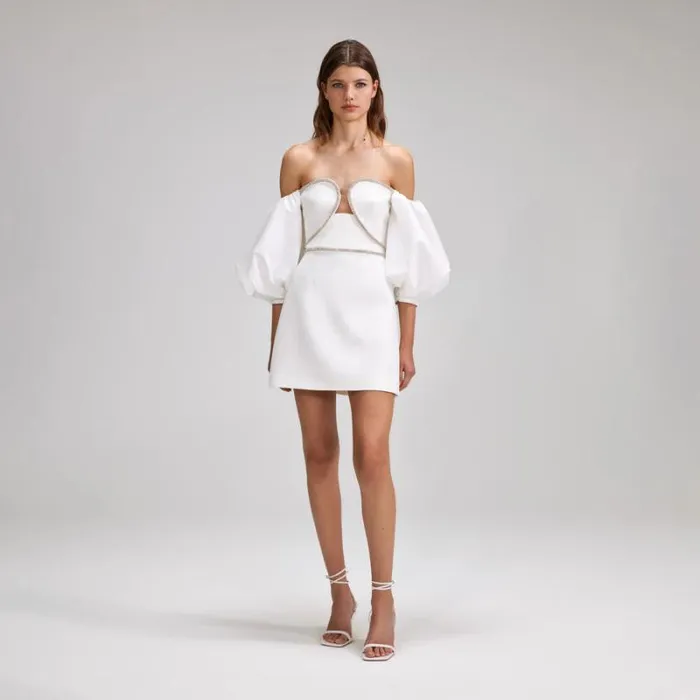 Dresses Woman SelfPortrait White Taffeta Puff Sleeve Midi Dress Dresses Woman SelfPortrait White Taffeta Puff Sleeve Midi Dress