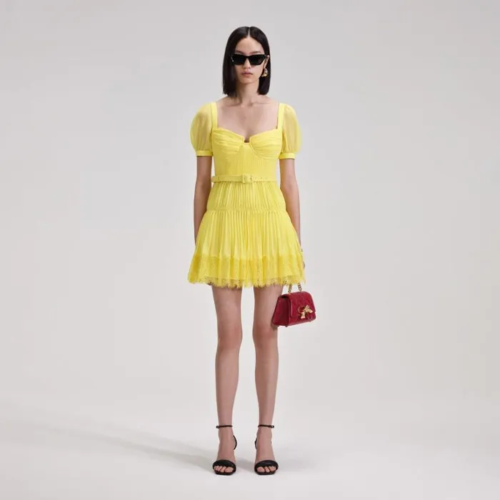Dresses Woman SelfPortrait Yellow Chiffon Lace Detail Mini Dress