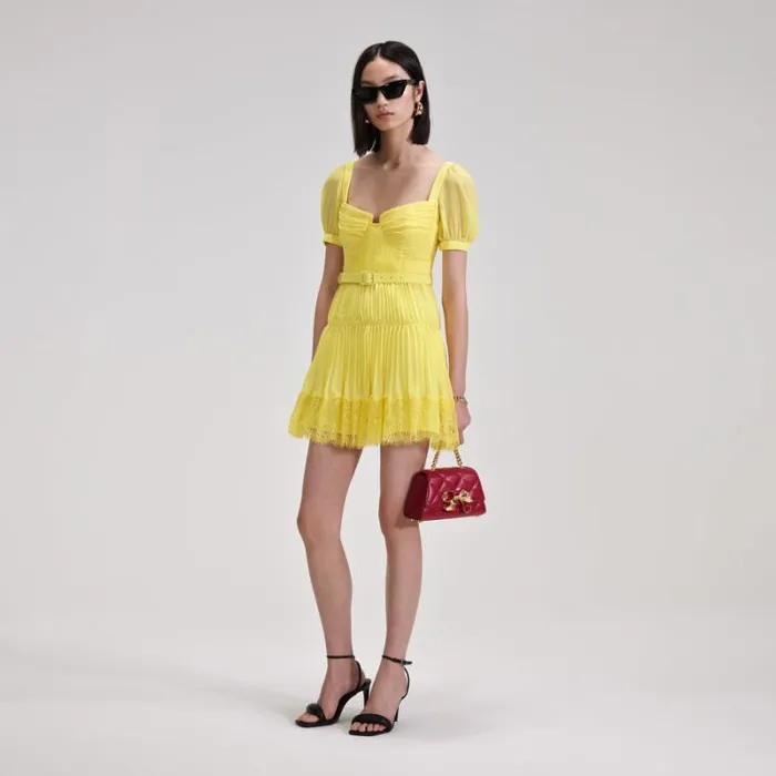 Dresses Woman SelfPortrait Yellow Chiffon Lace Detail Mini Dress Dresses Woman SelfPortrait Yellow Chiffon Lace Detail Mini Dress