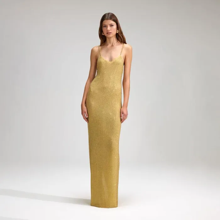 Dresses Woman SelfPortrait Yellow Rhinestone Mesh Maxi Dress
