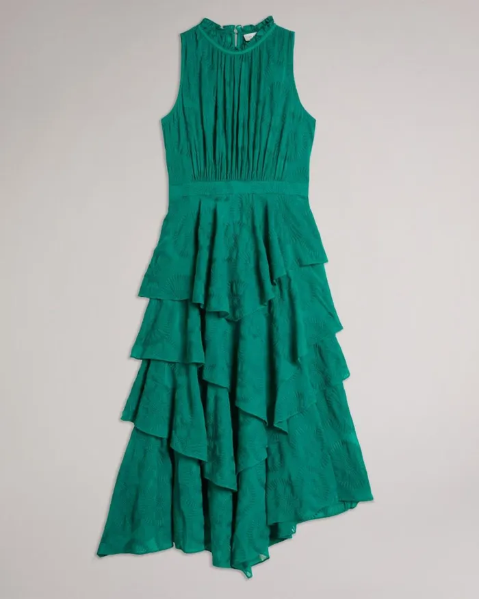 Embroidered Midi Dress With Tiered Skirt Green Women Ted Baker Clothing