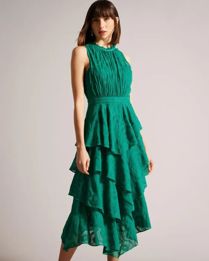 Embroidered Midi Dress With Tiered Skirt Green Women Ted Baker Clothing Embroidered Midi Dress With Tiered Skirt Green Women Ted Baker Clothing