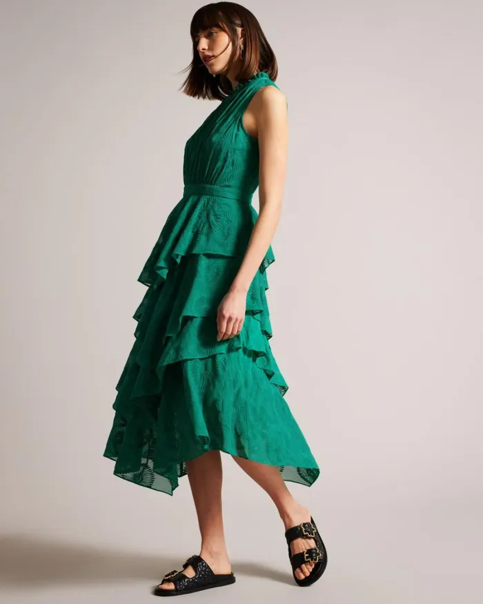 Embroidered Midi Dress With Tiered Skirt Green Women Ted Baker Clothing Embroidered Midi Dress With Tiered Skirt Green Women Ted Baker Clothing