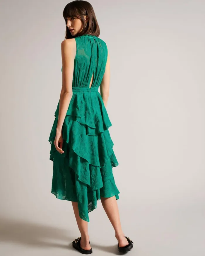 Embroidered Midi Dress With Tiered Skirt Green Women Ted Baker Clothing Embroidered Midi Dress With Tiered Skirt Green Women Ted Baker Clothing