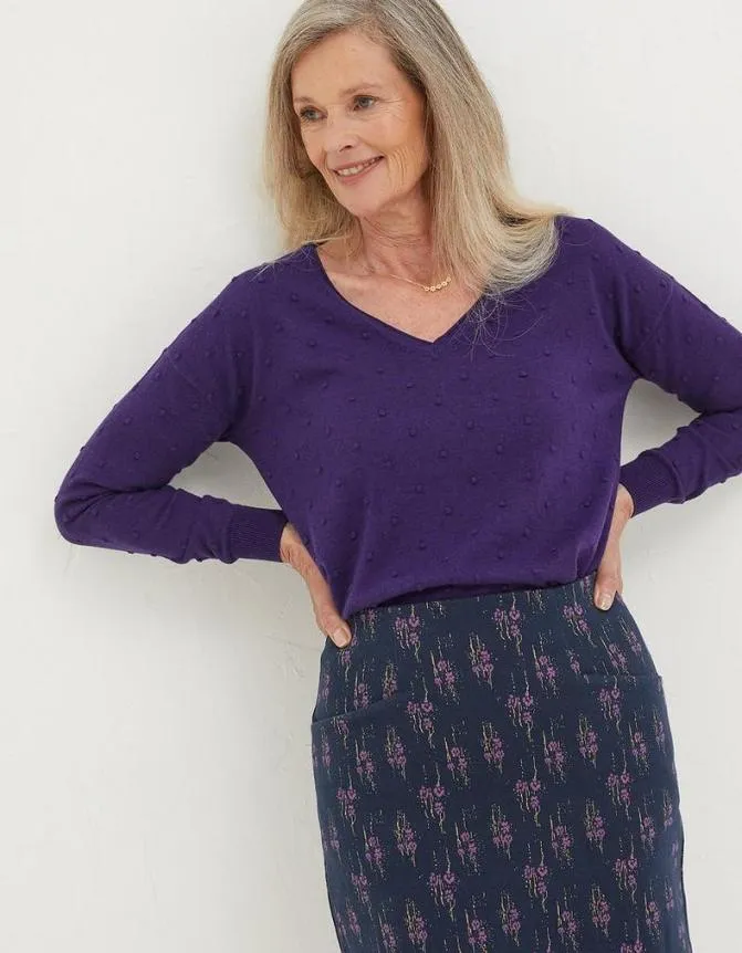 Fatface Knitwear Vonnie Bobble V Neck Jumper Purple 8211 Women
