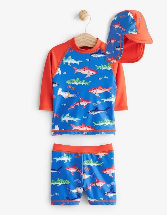 Fatface Swimwear Three Piece Shark Swim Set Blue 8211 Kids and Baby