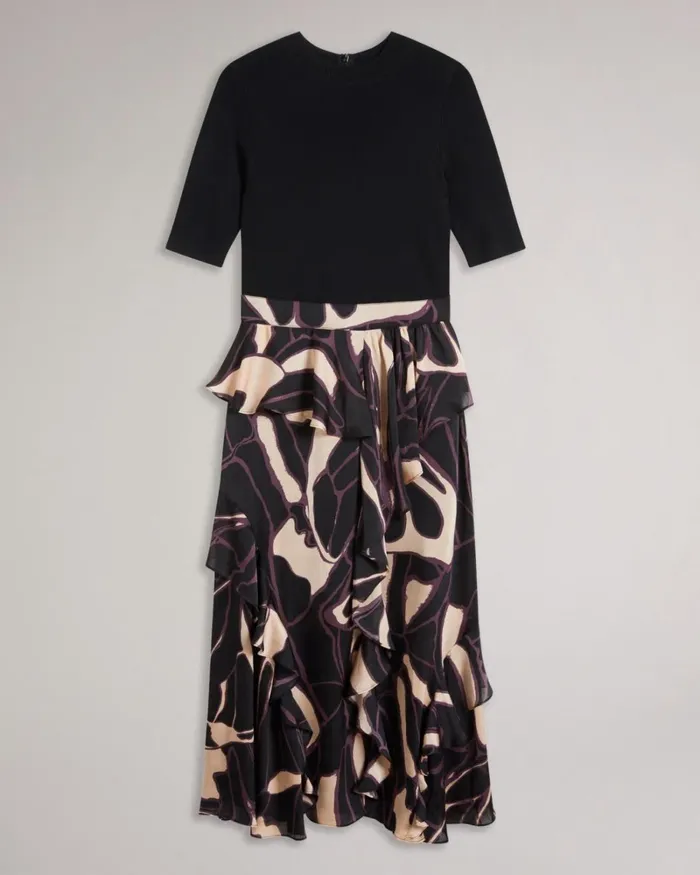 Fitted Knit Bodice Dress With Ruffle Skirt Black Women Ted Baker Clothing