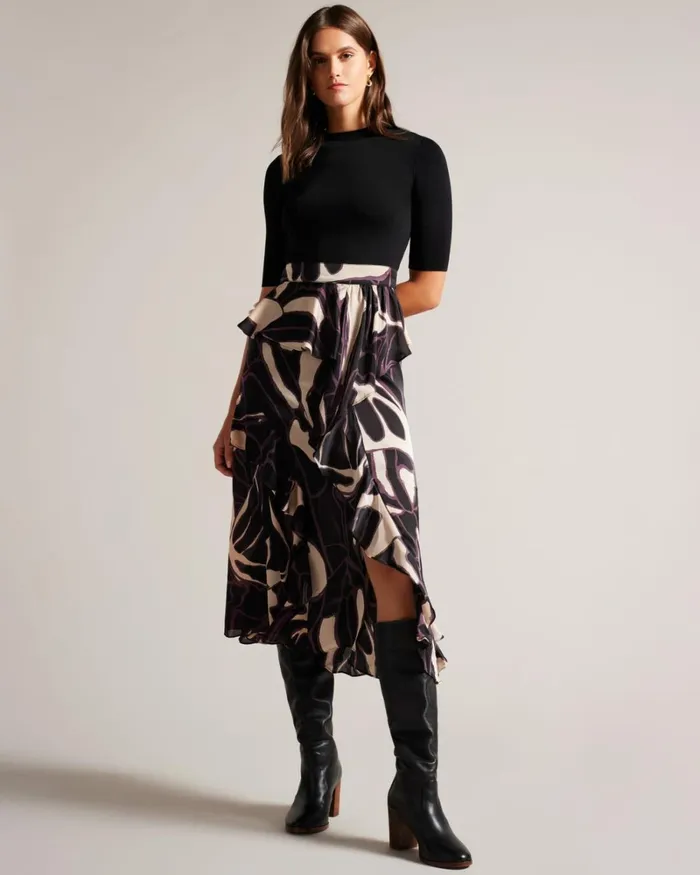 Fitted Knit Bodice Dress With Ruffle Skirt Black Women Ted Baker Clothing