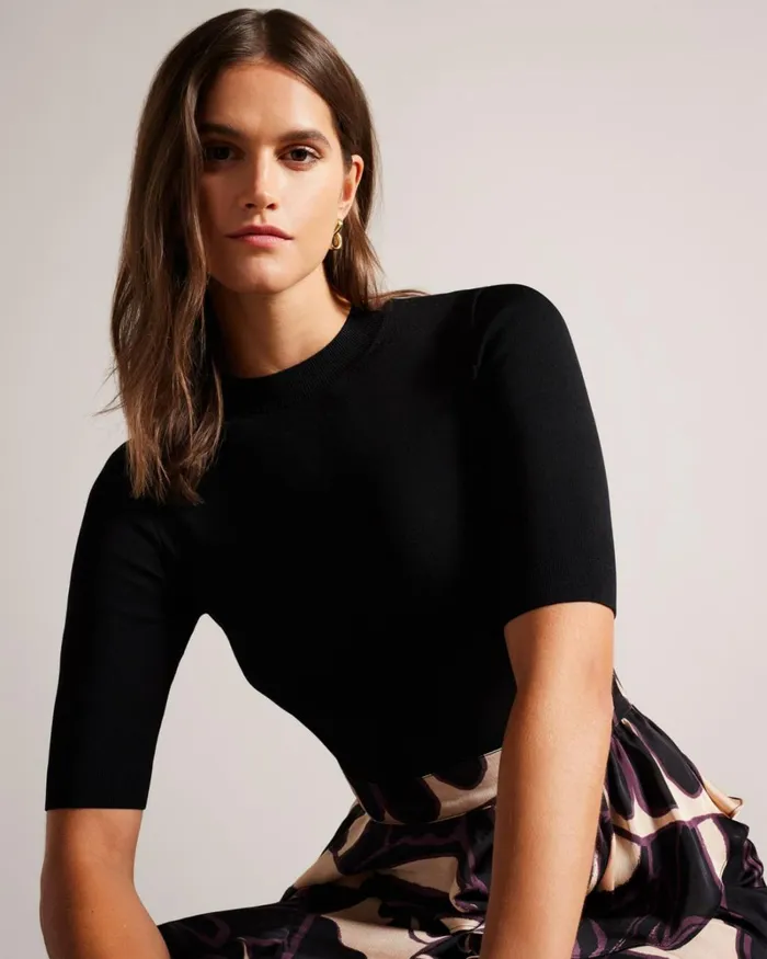 Fitted Knit Bodice Dress With Ruffle Skirt Black Women Ted Baker Clothing