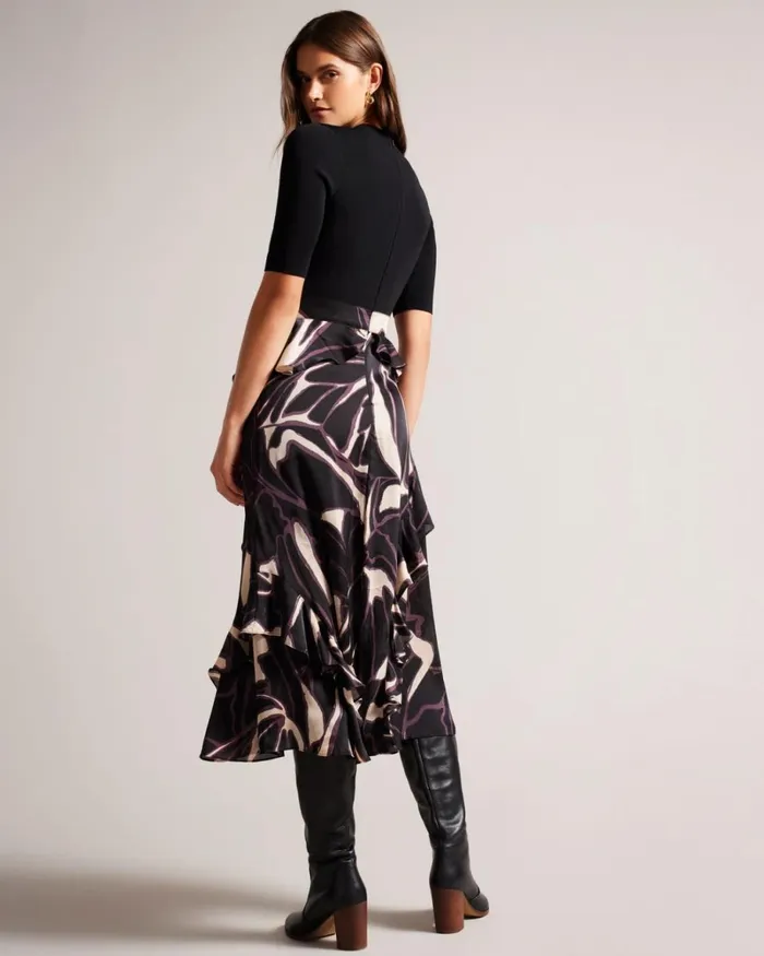 Fitted Knit Bodice Dress With Ruffle Skirt Black Women Ted Baker Clothing