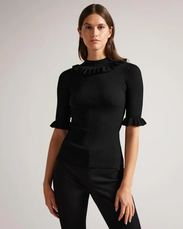 Fitted Top With Frill Neck Detail Black Women Ted Baker Clothing Fitted Top With Frill Neck Detail Black Women Ted Baker Clothing