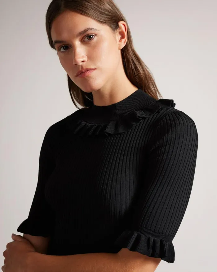 Fitted Top With Frill Neck Detail Black Women Ted Baker Clothing Fitted Top With Frill Neck Detail Black Women Ted Baker Clothing
